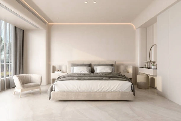 Dormitorio fresco y ordenado acondicionado para un reposo continuo y sin interrupciones.